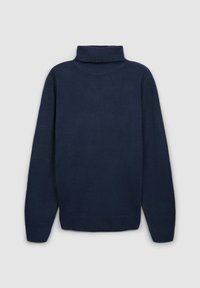 Maglione a collo alto navy realizzato in morbido tessuto lavorato a maglia. Presenta maniche lunghe, polsini e orlo a costine, e un colletto aderente.