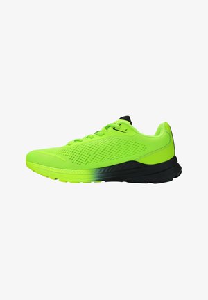 Scarpa da ginnastica verde neon con parte superiore in mesh traspirante, suola nera e design minimalista. Presenta lacci piatti e dettagli texturizzati.