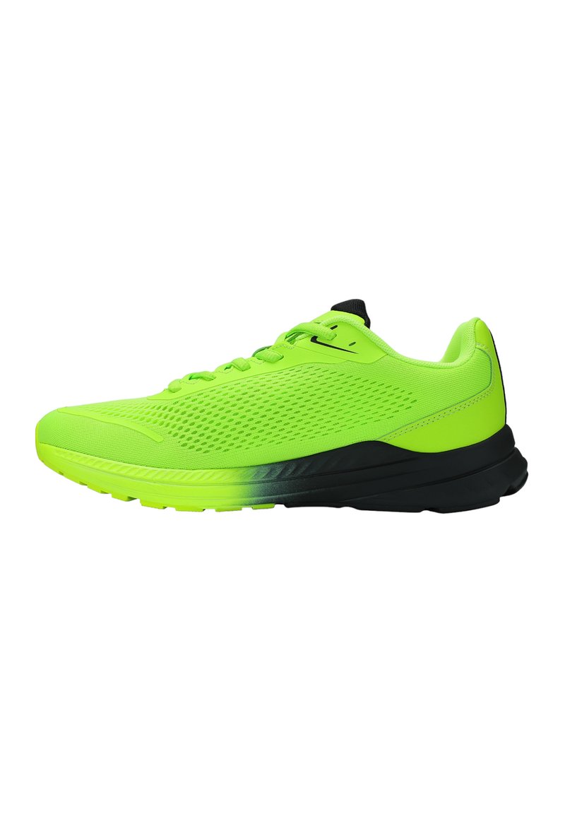 Neon groene sportieve schoen met een ademend mesh bovenwerk, zwarte zool en minimalistisch ontwerp. Beschikt over platte veters en gestructureerde accenten.
