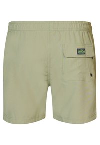 Pantaloni corti verde chiaro realizzati in tessuto morbido, con vita elastica e una tasca laterale con pattina e chiusura a bottone.