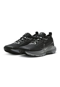 Black running shoes with a textured mesh upper, reflective accents, and a grey rubber sole. Features a streamlined design and reinforced toe.
