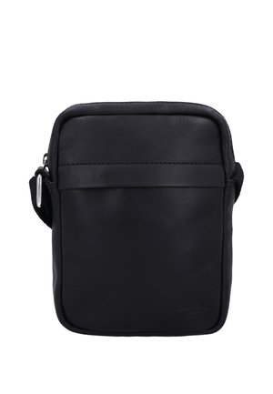 Borsa a tracolla compatta nera con tasca frontale e tracolla regolabile, realizzata in materiale liscio effetto pelle.