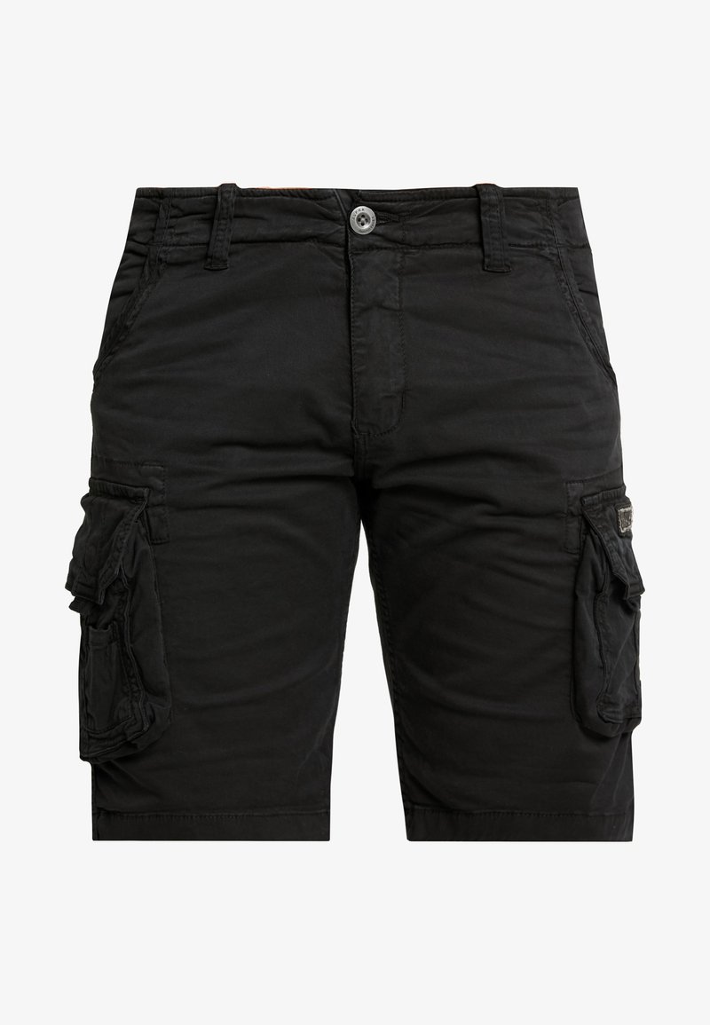 Μαύρες cargo βερμούδες φτιαγμένες από ύφασμα, με πολλές πλευρικές τσέπες, κουμπί κλεισίματος και ενισχυμένες ραφές για αντοχή.