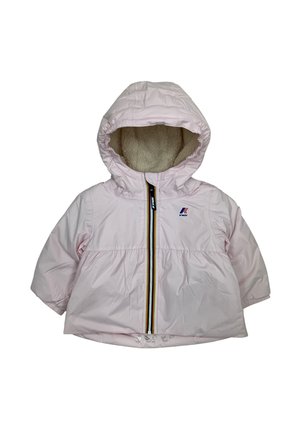 Giacca da bambino con cappuccio rosa chiaro, fodera in pile, zip frontale con bordatura multicolore e logo K-Way sul petto.