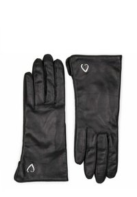 Guanti in pelle nera dal design elegante, con quattro dita e un sottile dettaglio metallico a forma di cuore sul polso.
