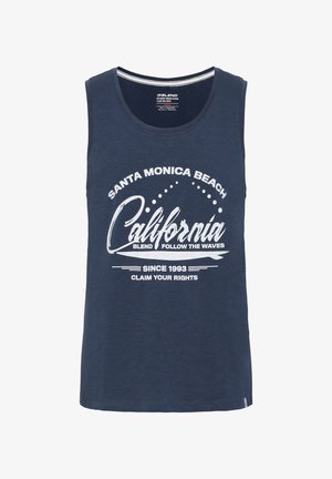 Temno modra majica brez rokavov s krožnim izrezom. Ima bel grafični tisk s tekstom "SANTA MONICA BEACH CALIFORNIA" in valovitim vzorcem.