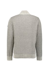 Grijze gebreide trui met een textuurpatroon, lange mouwen, geribde manchetten en tailleband, van achteren weergegeven op een witte achtergrond.