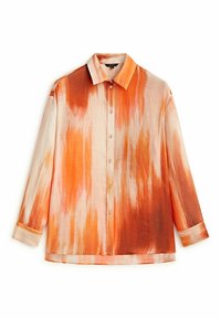 Chemise boutonnée en tissu léger. Présente un motif abstrait orange et crème avec un col à pointes étalées et des manches longues.