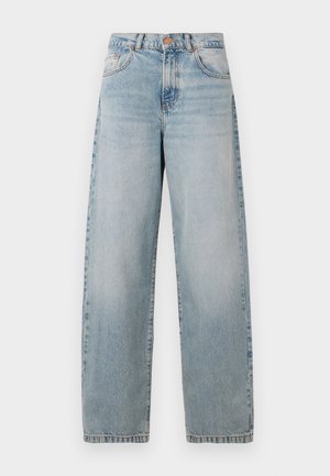 Hellblaue Jeans aus Denim mit lockerer Passform, hoher Taille, fünf Taschen und leichtem Used-Look. Mit Metallknopf und Akzenten aus Stichnähten.