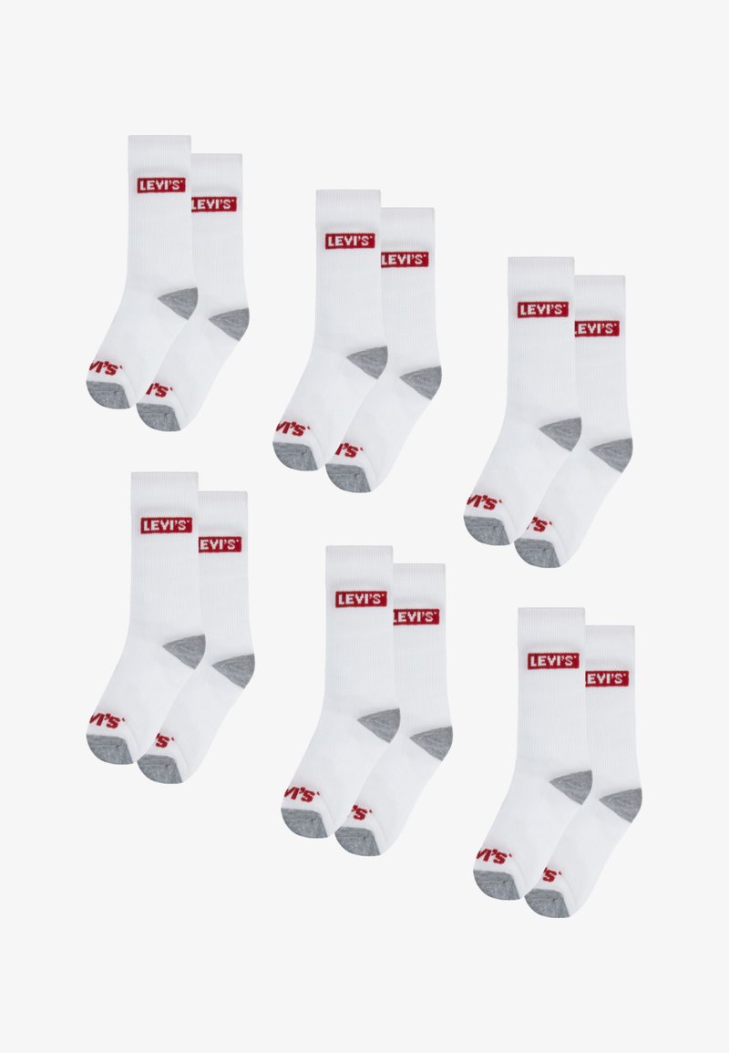 Sosete din bumbac alb cu accente gri la vârf și călcâi, având o etichetă roșie cu logo-ul Levi's pe manșetă. Set de șase perechi.