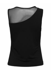 Haut sans manches noir avec un dos en maille transparente, un col rond et un ourlet arrondi, fabriqué en tissu léger avec une texture lisse.