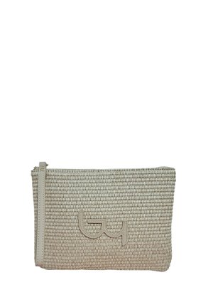 Clutch beige intrecciato con una finitura testurizzata, dotato di chiusura con zip e un logo impresso discreto sul davanti.
