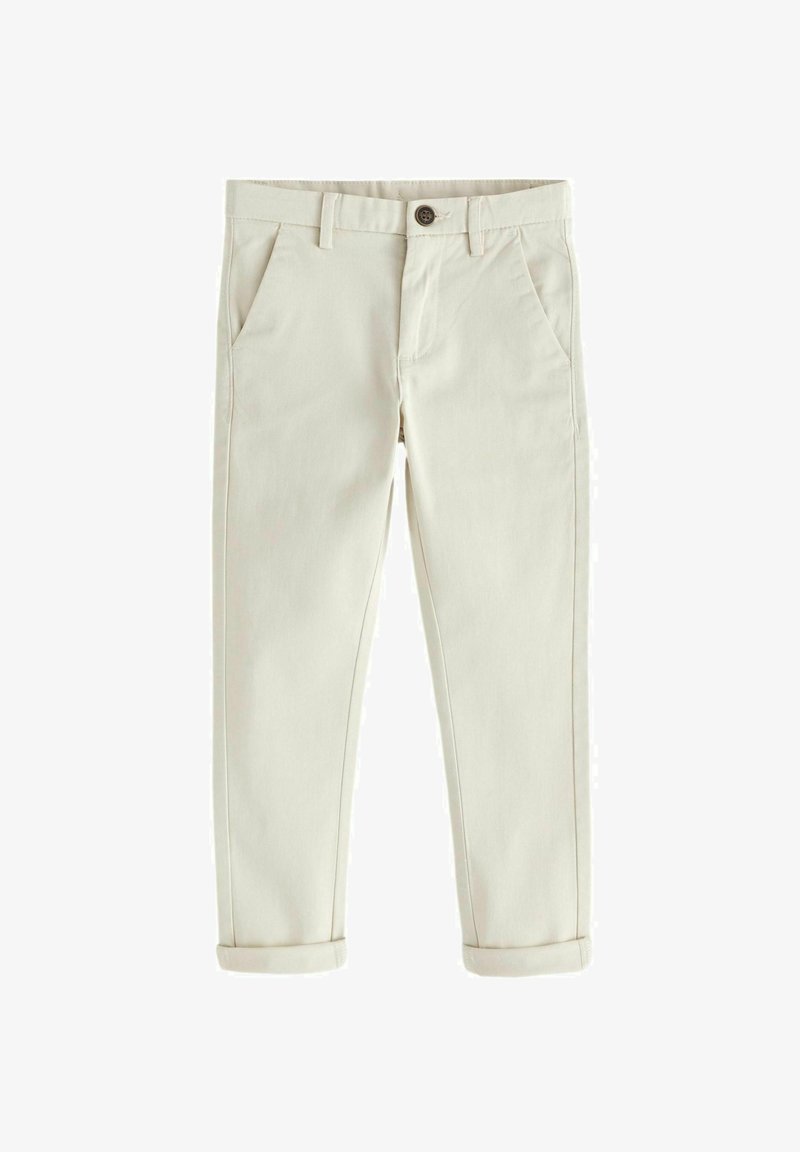 Pantaloni in cotone beige chiaro con vestibilità slim, pantaloni frontali piatti, cuciture sottili, due tasche laterali e risvolti all'orlo.