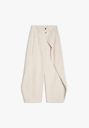 Beige bukser med vide ben med dobbelt knaplukning og plisseret frontdesign. Glat stof med rene linjer og uden synlige mønstre.