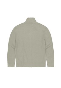 Lichtgrijze lange mouwen coltrui met geribde manchetten en zoom, plat getoond met de achterkant zichtbaar.