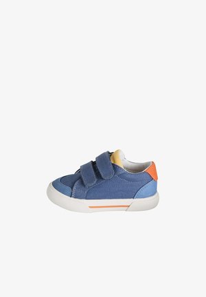 Blue toddler sneaker with two velcro straps, white sole, orange heel tab, and yellow inner lining, shown in side profile.