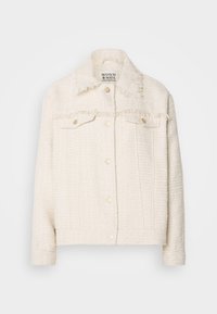 Cremfarbener, taillierter Blazer aus strukturiertem Stoff, mit fransigen Kanten, zwei vorderen Taschen und goldenen Knöpfen. Klassisches Kragen-Design.