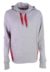 Sudadera gris claro con cordones rojos de la marca "HUGO", bolsillo frontal, puños acanalados y detalles en cremallera roja a los lados.