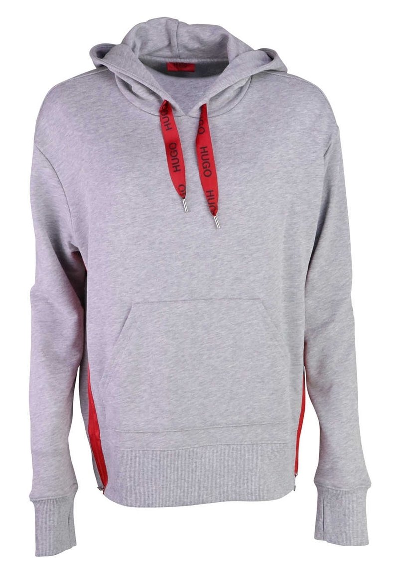 Sudadera gris claro con cordones rojos de la marca "HUGO", bolsillo frontal, puños acanalados y detalles en cremallera roja a los lados.