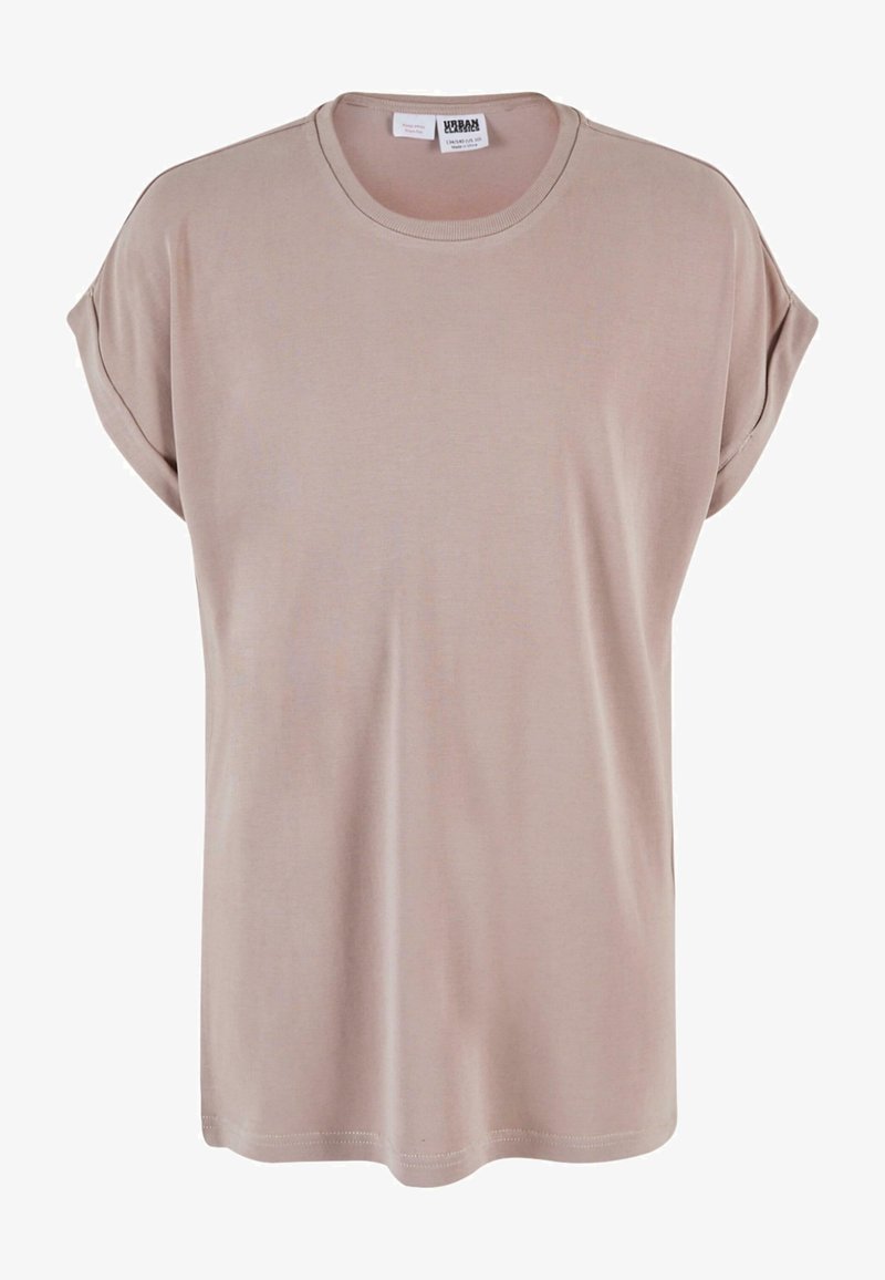 Světle béžové tričko vyrobené z jemné bavlny. Krátké ohrnuté rukávy, kulatý výstřih, uvolněný střih, hladká textura a jemné detaily švů.