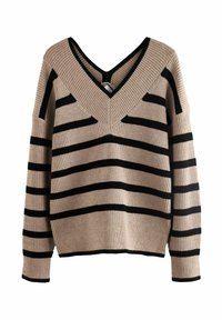 Beige gestreifter Pullover mit tiefem V-Ausschnitt und gerippter Textur. Enthält breite schwarze Streifen und leicht übergroße Ärmel.