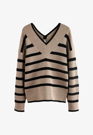 Beige raidallinen villapaita, jossa on syvä V-pääntie ja ribattu pinta. Sisältää leveitä mustia raitoja ja hieman suurentuneet hihat.