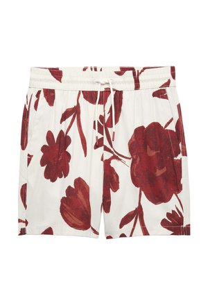 Bílé šortky s velkým tmavě červeným květinovým potiskem, elastickým pasem a předním šňůrkováním.