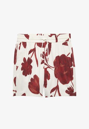 Bílé šortky s velkým tmavě červeným květinovým potiskem, elastickým pasem a předním šňůrkováním.