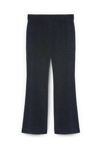 Navy modré rozšířené kalhoty s jemnou texturou, vyrobené z lesklé látky, s širokým pasem a bez viditelných kapes.