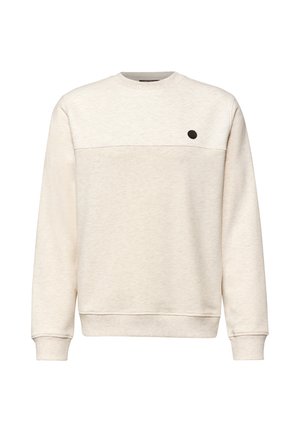 Beige Sweatshirt mit strukturiertem oberem Einsatz, rundem Ausschnitt und langen Ärmeln. Verfügt über ein kleines schwarzes Logo auf der Brust. Material aus einer Baumwollmischung.