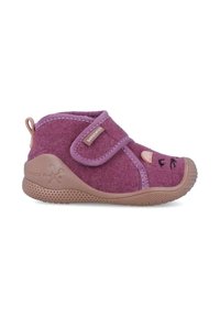 Zapato de fieltro morado con correa de velcro, diseño de cara de gato, punta redonda y suela de goma texturizada con una base rosada.
