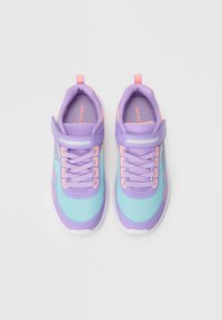 Purple and aqua sneakers with mesh and synthetic material, featuring a padded collar, lace-up design, and hook-and-loop strap.