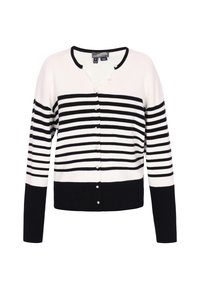 Cárdigan de rayas blancas y negras con textura acanalada, que presenta un escote en V, cierre con botones y detalles de perlas en la parte frontal.