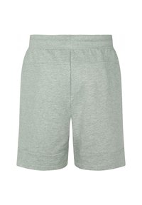 Shorts décontractés gris clair avec taille élastique et ourlet droit, vus de dos sur fond blanc.