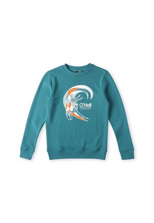 Langærmet, teal sweatshirt med rund hals med et hvidt og orange stiliseret bølge- og surfermotiv samt teksten "O'Neill Santa Cruz" på forsiden.