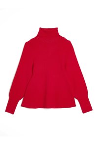 Červený pletený rolák s dlouhými rukávy a přiléhavým střihem, uložený na bílé pozadí.