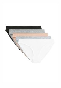 Vijf paar vrouwenonderbroeken in zwart, grijs, beige en wit. Gemaakt van katoen met een zachte textuur en een elastische tailleband.