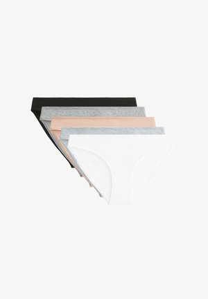 Fünf Paare Damenunterwäsche in Schwarz, Grau, Beige und Weiß. Aus Baumwolle mit einer glatten Textur und einem elastischen Bund.