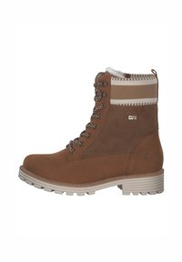 Bottines en daim marron avec doublure en fourrure blanche, revers en tissu à rayures beige, œillets en métal et semelle en caoutchouc avec un motif texturé.