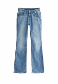 Světle modré rozšiřující se džíny vyrobené z denimu, s pěti kapsami, zapínáním na knoflík a zašlým vzhledem na přední straně.