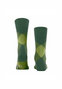 Calzini verdi con un motivo a rombi in diverse tonalità di verde, esposti in posizione verticale con il logo del marchio visibile alla base.