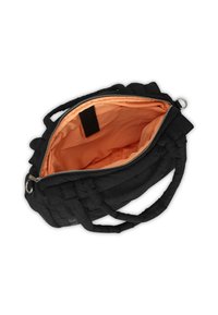 Black quilted handbag with two padded handles, cream internal lining, zipper closure, and a spacious interior. Features a decorative outer texture.