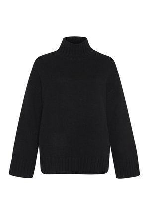 Pull en tricot noir avec un col roulé haut, des épaules tombantes, et des poignets et un ourlet côtelés. Texture douce et silhouette oversize.
