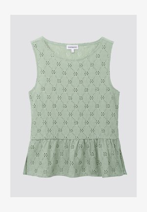 Ανοιχτό πράσινο αμάνικο μπλουζάκι με peplum τελείωμα, που διαθέτει υφασμάτινη υφή και σχέδια λουλουδιών. Η ετικέτα δείχνει την επωνυμία "even&odd".