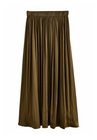 Jupe maxi plissée marron en tissu léger, dotée d'une taille élastique pour un confort optimal et d'un design fluide.