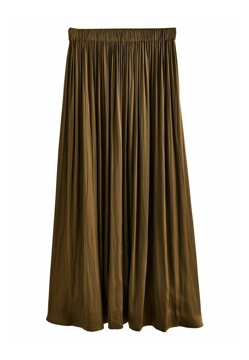 Jupe maxi plissée marron en tissu léger, dotée d'une taille élastique pour un confort optimal et d'un design fluide.