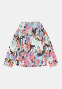 Kleurrijke bloemenprint hoodie-jack met lange mouwen, plat weergegeven van de achterkant op een witte achtergrond.