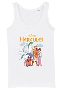 Hvid tanktop med et farverigt grafisk motiv af figurer fra Disneys Hercules, herunder en Pegasus, en muskuløs mand og en kvindelig figur.