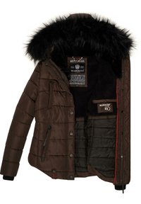 Brown padded jacket with a removable black fur hood, featuring a quilted exterior, red interior accents, and multiple pockets.