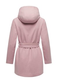 Pink wool blend coat featuring a hood, long sleeves, belted waist, and smooth texture. Back view highlights the fitted silhouette.